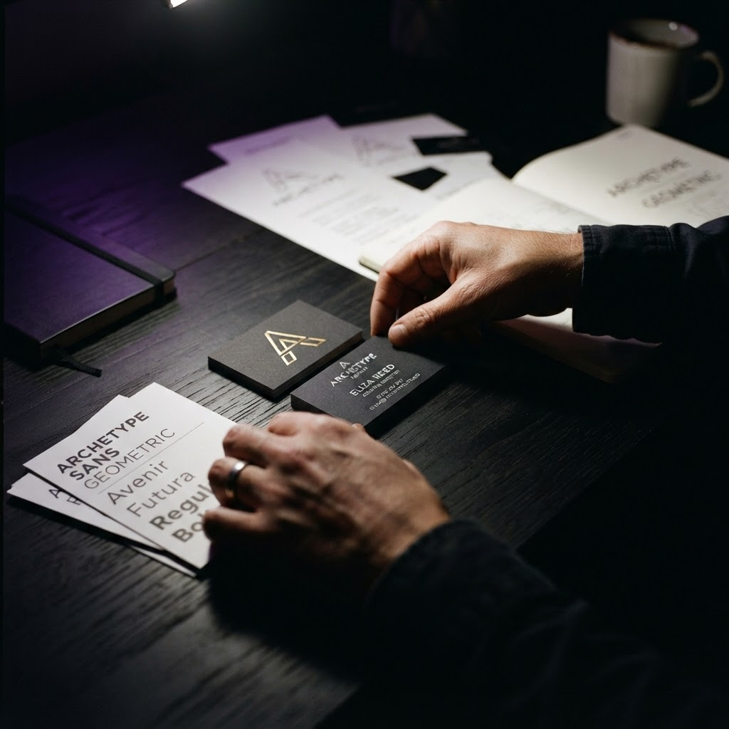 Brand identity materials arranged on a dark desk