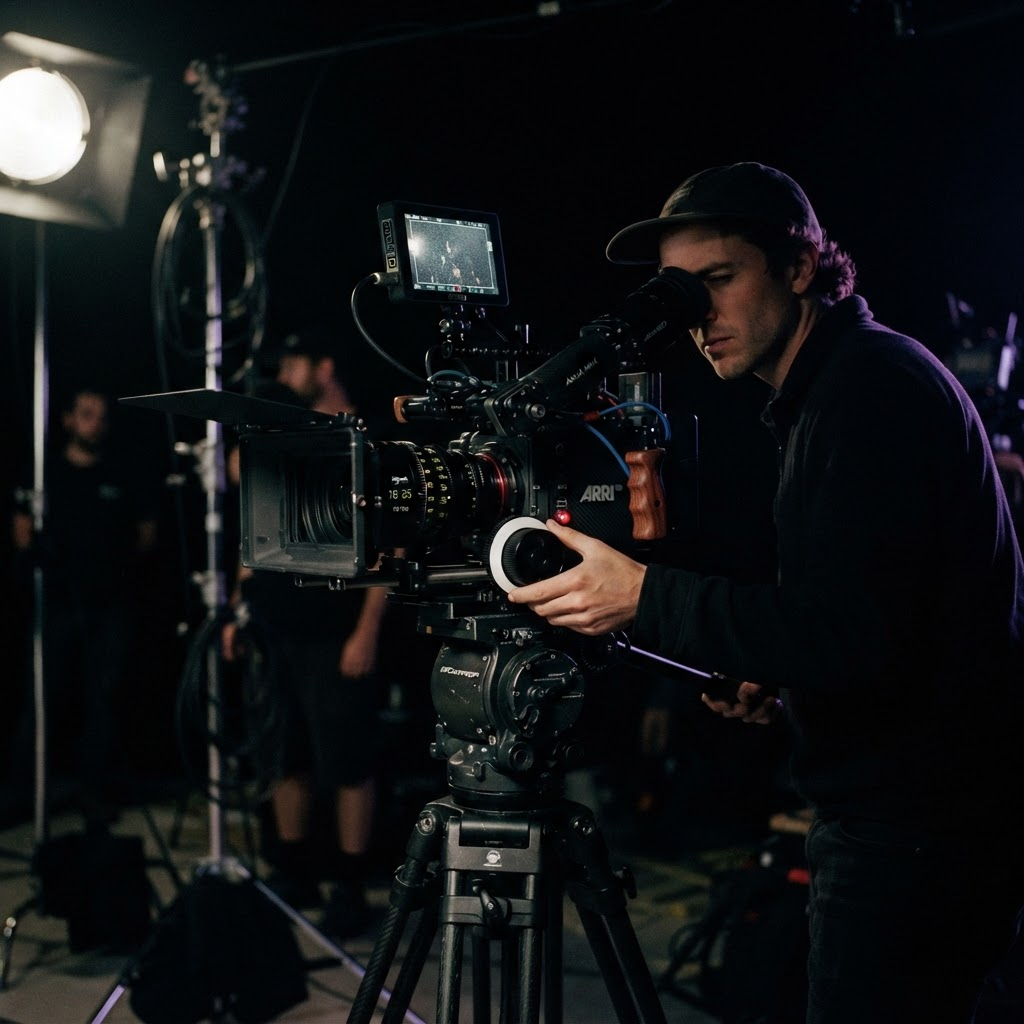 Cinema camera rig on a dark film set