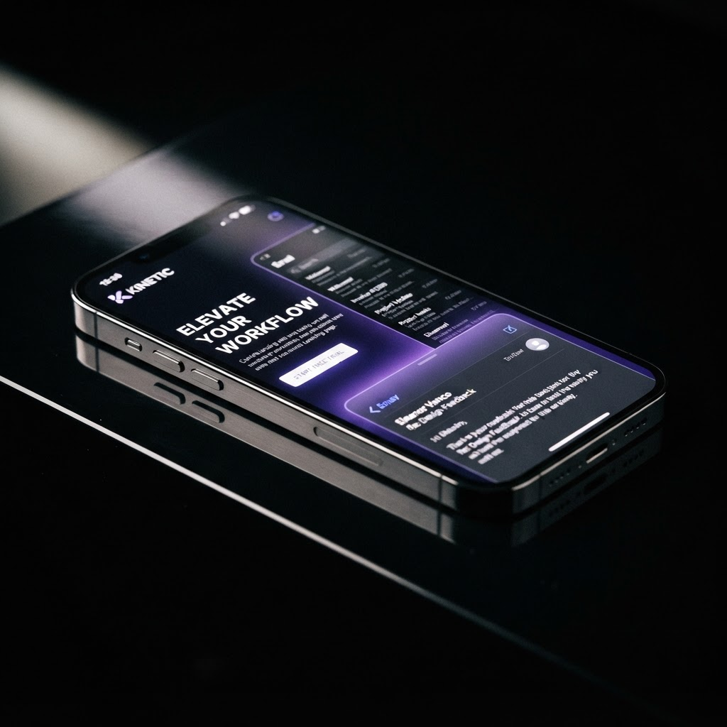 Smartphone displaying a minimal landing page and email interface